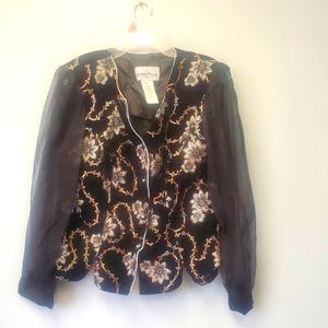 Black, Silver and Gold Vintage Button Up Sheer Sleeve Top